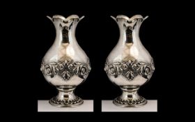 Portuguese Superb Quality Pair of Impressive Silver Bulbous Shaped Vases with Excellent High Relief