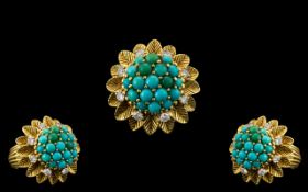 18ct Yellow Gold - 1970's Retro Turquoise and Diamond Set Dress Ring.