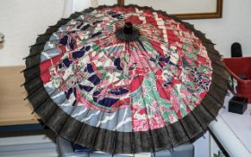 1930s Japanese Ladies Painted Paper Parasol with a bamboo handle.