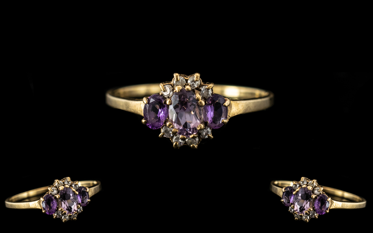 9ct Gold Amethyst Set Dress Ring. Fully Hallmarked for Gold. Ring Size U. Please See Photo.