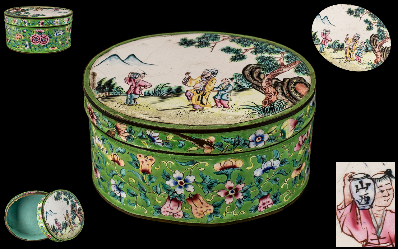 Chinese Antique Canton Enamel Oval Shaped Lidded Box of Large Size, Decorated to the Lid with a Sage