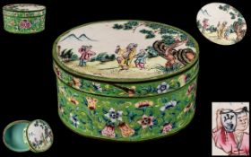 Chinese Antique Canton Enamel Oval Shaped Lidded Box of Large Size, Decorated to the Lid with a Sage