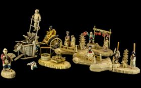 Collection of Vintage Miniature Oriental Figures with rickshaws, fish, lanterns etc.