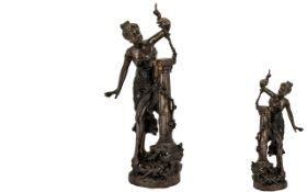 Reproduction Bronze of a Maiden Holding a Sprig of Flowers against a column support. 25" high.