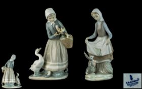 Lladro - Hand Painted Pair of Porcelain Figures ( 2 ) Comprises 1/ Shepherdess with Ducks.