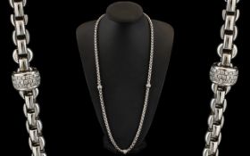 18ct White Gold - Wonderful Design High Fashion Signed Diamond Set Long Necklace / Chain of Superb