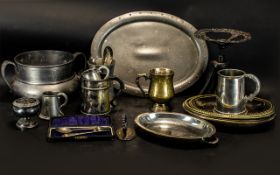 Collection Of Silver Plated & Metal Ware To Include Oval Planished Pewter Tray, Tankards,