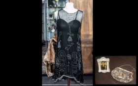 Vintage Art Deco-Style Black Beaded Dress in sheer beaded fabric,