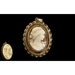 Ladies - Attractive and Quality 9ct Gold Cameo Set Oval Shaped Locket / Pendant with Pleasing