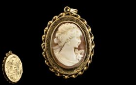 Ladies - Attractive and Quality 9ct Gold Cameo Set Oval Shaped Locket / Pendant with Pleasing