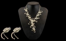 Lovely Statement Necklace & Earrings. Quality Necklace and Matching Earrings In White Metal.