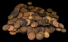 Large Selection of English Copper Pennies, Half Pennies, Threepences and Farthings.