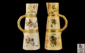 Royal Worcester Pair of Fine Hand Painted Blush Ivory Floral Jugs / Ewers with Naturalistic Handles,