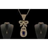 Antique Period 18ct White Gold - Attractive and Superb Quality Sapphire and Diamond Set Ribbon