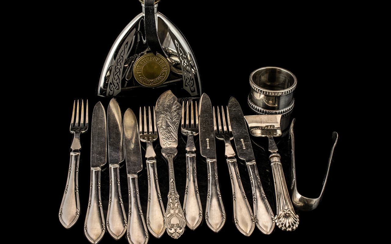 Assorted Plated Items Nine William Hutton flatware, napkin ring,