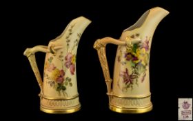 Royal Worcester Pair of Fine Quality Hand Painted Blush Ivory Naturalistic Handle Jugs,