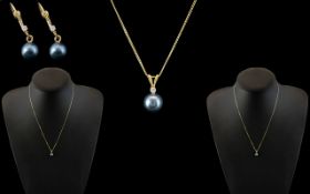 14ct Gold Blue/Black Pearl & Diamond Pendant & Matching Earring Set.