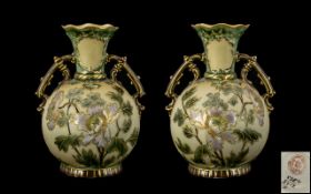 Royal Vienna Alexandria Porcelain Works Pair of Fine Quality Painted Enamel Twin Handle Globular