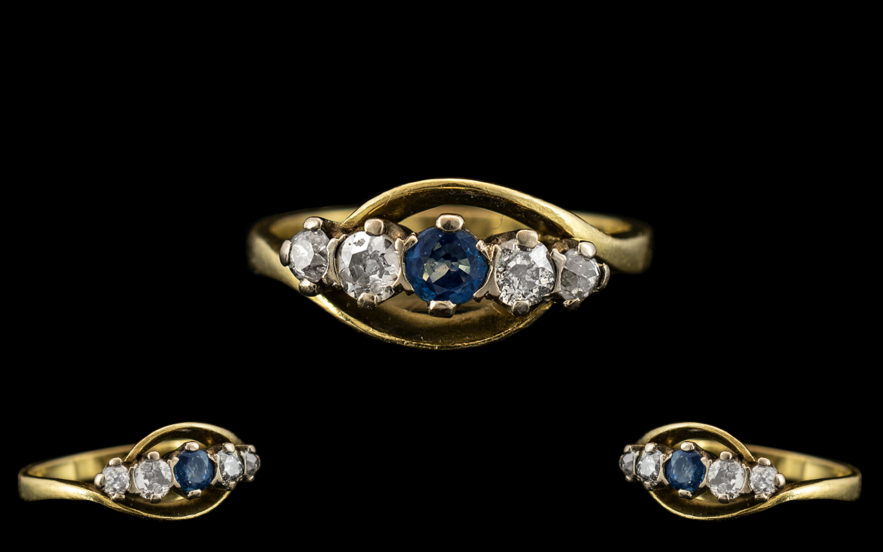 18ct Gold - Attractive 5 Stone Sapphire and Diamond Ring, Full Hallmark for 18ct.