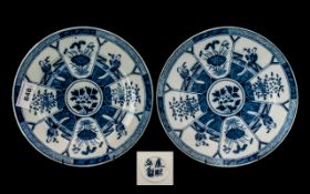 Pair of Chinese Blue & White Decorated Plates, with panels of flowers and figures,