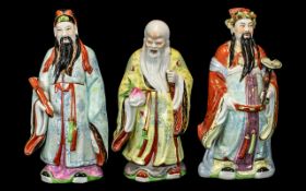 3 Large Porcelain Chinese Figures. Good Colour and Size, Impressed Marks to Base. 44 cms In Height.