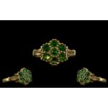 Ladies - Pretty 9ct Gold Emerald Set Cluster Ring of Flower head Design. Fully Hallmarked for 9.375.
