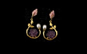 Carved Amethyst, White Fresh Water Pearl and Pink Mother of Pearl Drop Earrings,