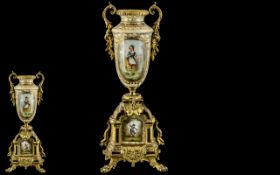 French 19th Century Gilt Metal and Hand Painted Porcelain Ornate Twin Handle Urn Shaped Vase.