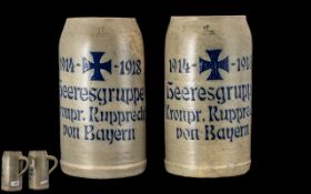 Pair of German Reservist's Beer Steins in grey sandstone, 1914-1918, iron cross motif,