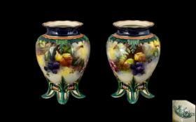 Hadleys of Worcester Pair of Hand Painted Small Vases of Pleasing Form ' Fruits ' Stillife,