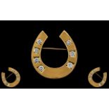 Antique Period 18ct Gold Diamond Set Horseshoe Brooch. Marked 18ct.