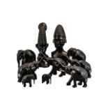 Collection Of Eight African Carved Elephants Together With Two Carved Figures.