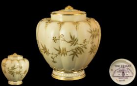 Worcester Royal Porcelain Co Superb Blush Ivory Lidded Vase with Beautiful Gold Leaf Decoration to