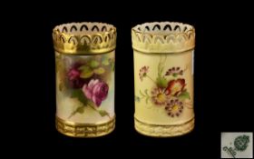 Royal Worcester - Attractive Pair of Hand Painted Cylindrical Shaped Small Vases,