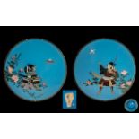 A Fine Pair of Japanese Meiji Period Coloured Enamel Cloisonne Chargers Decorated with a Robins