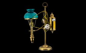 Reproduction Brass Student's Lamp with a turquoise glass shade, electrified. Height 19", Width 13".