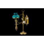 Reproduction Brass Student's Lamp with a turquoise glass shade, electrified. Height 19", Width 13".