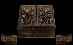 Antique Burmese Profusely Carved Writing Box with Open Flap Sides, Carved with Lotus Flowers and