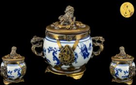 Chinese - Late 19th Century Superb Blue and White Porcelain Lidded Incense Burner with Silver Gilt