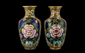 Matching Pair of Cloisonne Vases in blue and gilt with floral design. Height 8.5''. Please see