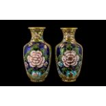 Matching Pair of Cloisonne Vases in blue and gilt with floral design. Height 8.5''. Please see