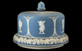 Powder Blue Jasperware Cheese Dome And Stand Decorated With Classical Figures, Diameter 11 Inches.