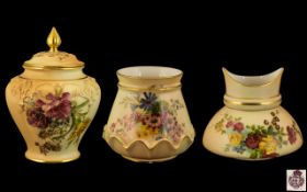 Royal Worcester Fine Trio of Hand Painted Blush Ivory Vases - All Decorated with Painted Images of