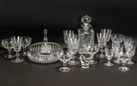 Collection of Edinburgh Crystal, comprising a square decanter with decorative stopper, 10" tall,