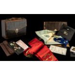 Collection of Masonic Oddments In Leather Box, Comprising Apron, Booklets, Enamel Badges,