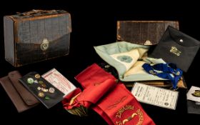 Collection of Masonic Oddments In Leather Box, Comprising Apron, Booklets, Enamel Badges,