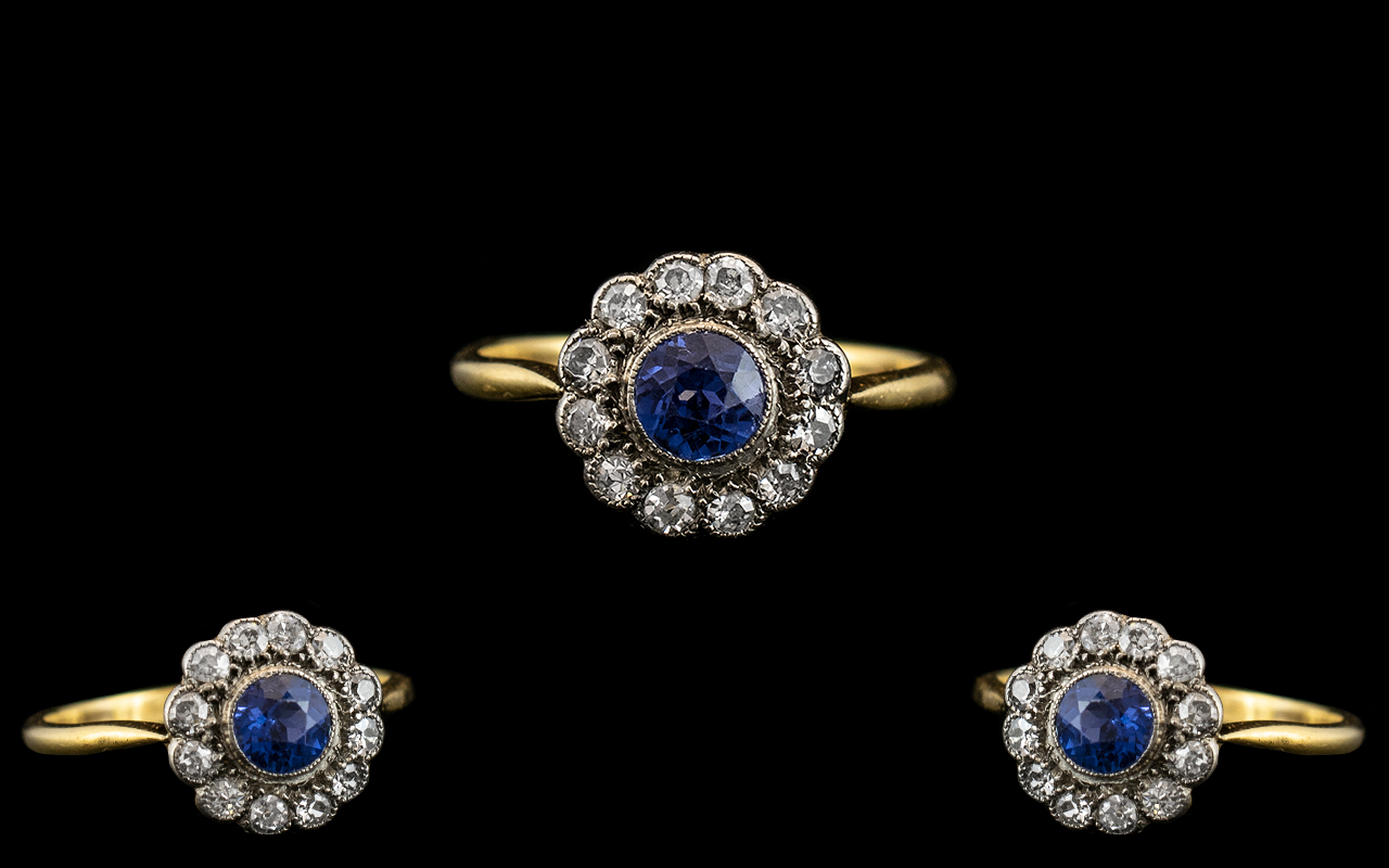 Antique Period Superb Quality 18ct Gold Diamond and Sapphire Set Cluster Ring.