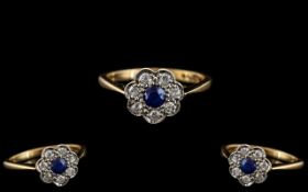Antique Period 9ct Gold - Attractive Diamond and Sapphire Cluster Ring.