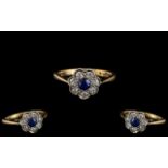 Antique Period 9ct Gold - Attractive Diamond and Sapphire Cluster Ring.