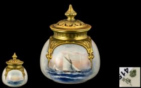 Royal Worcester - Signed and Hand Painted ' Ships ' Lidded Globular Shaped Vase,